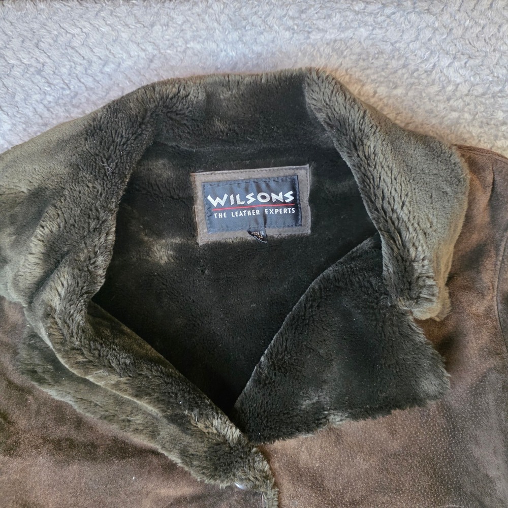 Wilsons Leather Brown Suede Faux Fur Lined Shearling Coat Womens Large Vintage - Picture 3 of 10